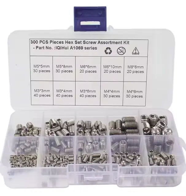 300pcs Grub Screws Assorted Kit 304 Stainless Steel Headless Flat Point Inner Hexagon Socket Set Screws
