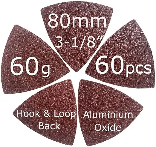 3-1/8" 80mm 60 Pcs 60 Grits Triangular Hook & Loop Abrasive Multi Tool Sandpaper for Wood Sanding Fit 3-1/8 Inch Oscillating Multi Tool Sanding Pads