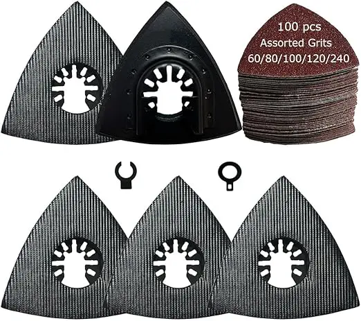 105 Pcs Triangular 3-1/8 Inch 80mm 60 80 100 120 240 Grits Multitool Sanding Pads Kits Include 100 Pcs Triangle Sandpaper and 5 Pcs Triangle Sanding Pads