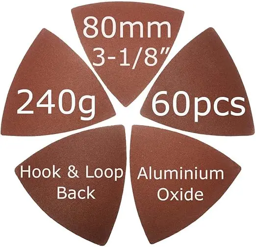 60 Pcs 240 Grits 3-1/8 Inch 80mm Triangular Oscillating Tool Sanding Paper for Wood Sanding Fit 80mm Triangular Multi Tool Sanding Pads 