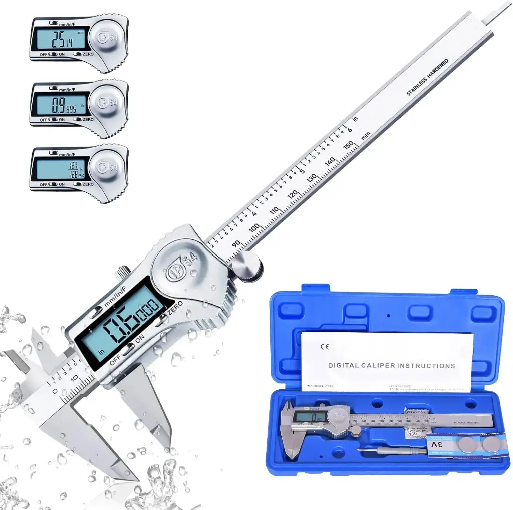 Digital Caliper, Calipers 6 Inch Measuring Tool with Stainless Steel, IP54 Splash Proof Protection Design, Easy Switch from Inch Metric Fraction, Large LCD Screen (150mm)