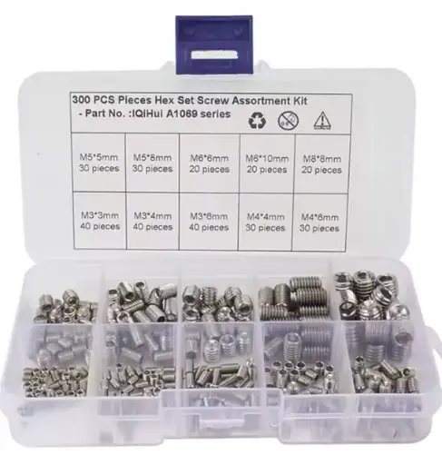 [237-XB-10] 300pcs Grub Screws Assorted Kit 304 Stainless Steel Headless Flat Point Inner Hexagon Socket Set Screws