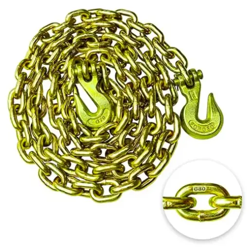 [593-FA-10] G80 Transport Binder Chain 3/8 Inch x 10 Foot Safety/Binder Chain with Clevis Grab Hooks 7,100 lbs Safe Working Load Logging Chain for Transporting Towing Tie Down Binding Equipment