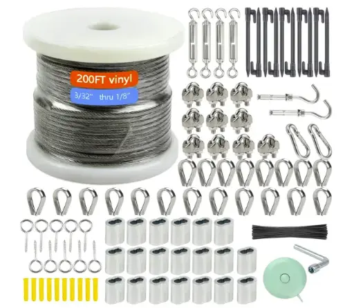 [593-UB-10] 1/8" Wire Rope Kit，Steel Wire Cable，200FT Turnbuckles for Cables Wire，Vinyl Coated Stainless Steel Cable Wire for Outdoor,Garden,Kitchen,Craft with Turnbuckle 