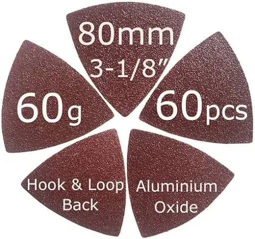 [142-AA-40] 3-1/8" 80mm 60 Pcs 60 Grits Triangular Hook & Loop Abrasive Multi Tool Sandpaper for Wood Sanding Fit 3-1/8 Inch Oscillating Multi Tool Sanding Pads