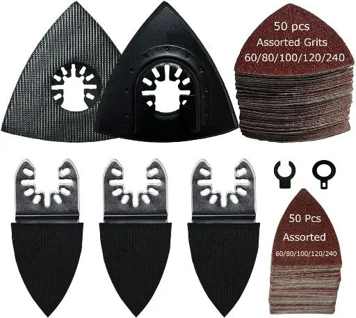 [142-AA-55] 105 Pcs Oscillating Multi Tool Sanding Pads Kits 2 Pcs Triangle Sanding Pads 3 Pcs Finger Sanding Pads 100 Pcs Multi Tool Sandpaper for Wood Sanding