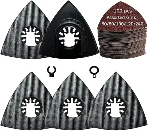 [142-AA-60] 105 Pcs Triangular 3-1/8 Inch 80mm 60 80 100 120 240 Grits Multitool Sanding Pads Kits Include 100 Pcs Triangle Sandpaper and 5 Pcs Triangle Sanding Pads