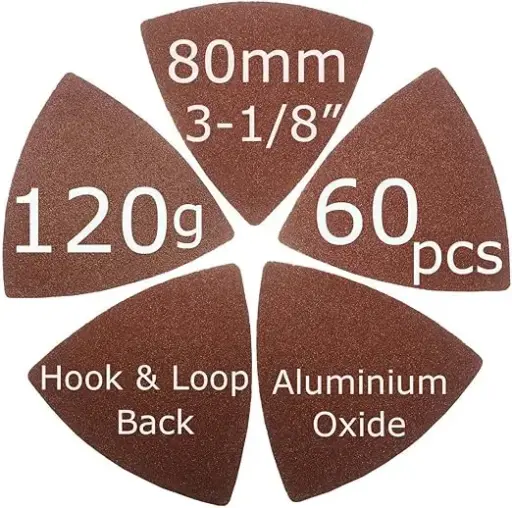[142-AA-70] 60 Pcs 120 Grits Triangular 3-1/8 Inch 80mm Hook & Loop Oscillating Tool Sanding Paper for Wood Sanding Fit 3-1/8 Inch 80mm Triangular Oscillating Multi Tool Sanding Pads