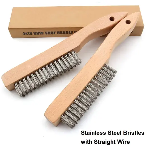 2PCS WIRE SCRATCH BRUSH WITH 10" CURVED WOOD HANDLE WITH STAINLESS STEEL/BRASS/SOFT BRASS/STAINLESS STEEL AND CARBON STEEL WIRES