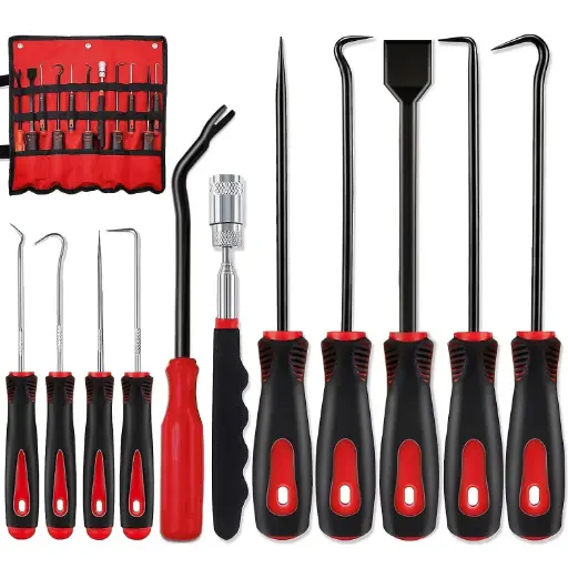 [275-BG-10] 11Pcs Carbon Steel Precision Pick & Hook Set with Scraper and Magnetic Telescoping Tool Kit for Remove Automotive Electronics Maintenance Hoses Gasket Hand Pick Up Tools