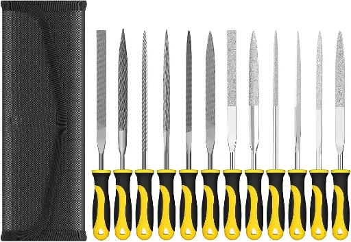 [145-AB-05] 12PCS Needle File Set with Tool Bag, Small File Set Includes 6pcs Diamond Files & 6pcs Steel Files for Metal, Jewlers, Wood, Leather and Plastic