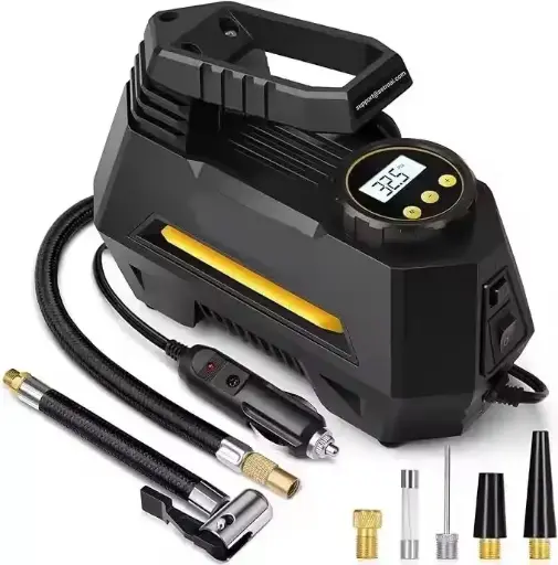 [275-BM-10] Tire Inflator Portable Air Compressor Tire Air Pump for Car Tires - Car Accessories, 12V DC Auto Pump with Digital Pressure Gauge, Emergency LED Light for Bicycle, Balloons, Yellow