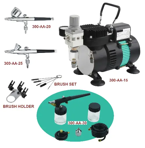 [300-AA-10] Dual Fan Air Compressor Professional Airbrushing System Kit with 3 Airbrushes