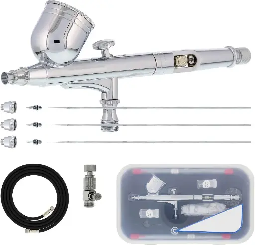 [300-AD-50] Airbrush Set with 3 Nozzle Sets (0.2, 0.3 & 0.5mm Needles, Fluid Tips and Air Caps) and Air Hose - Dual-Action Gravity Feed Airbrush with 1/3 oz Cup, Cutaway Handle