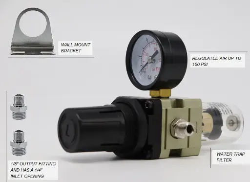 [300-AF-10] True Diaphragm Mini Regulator with Gauge and Water Trap Filter, Fits Airbrush Compressors