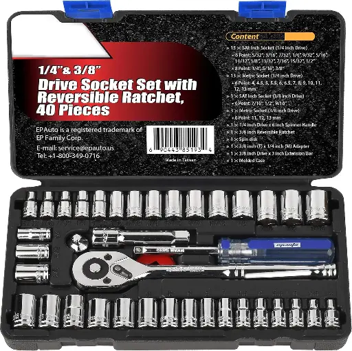 [308-AA-10] 40 Pieces 1/4-Inch & 3/8-Inch Drive Socket Set with 72 Tooth Reversible Ratchet