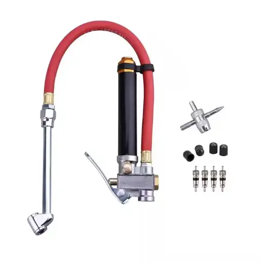 [275-DD-10] 12 Inch Tire Inflator with Flexible Air Pressure Gauge 20-120 PSI 1/4” NPT Offset Dual Head Chuck Aluminum Body Brass Valves