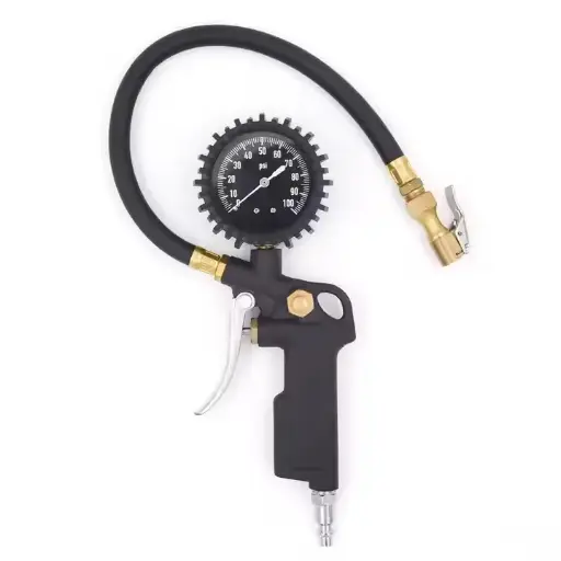 [275-DE-50] Tire Pressure Gauge with Inflator, 100 PSI-ANSI B40.1 Accurate, Large 2.5" Easy Read Glow Dial, Heavy Duty Brass Air Chuck with Rubber Hose 