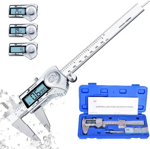 [621-AA-10] Digital Caliper, Calipers 6 Inch Measuring Tool with Stainless Steel, IP54 Splash Proof Protection Design, Easy Switch from Inch Metric Fraction, Large LCD Screen (150mm)