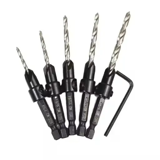 [652-DA-10] Adjustable Wood Countersink Drill Bit Set 5 Pc #4 #6 #8 #10 #12 Tapered Drill Bit for Woodworking